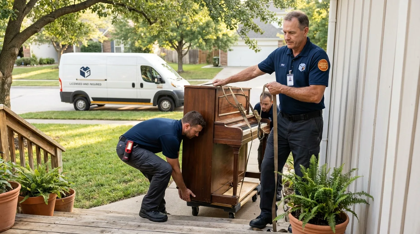 Licensed piano movers securing grand piano in Mineral Point, WI