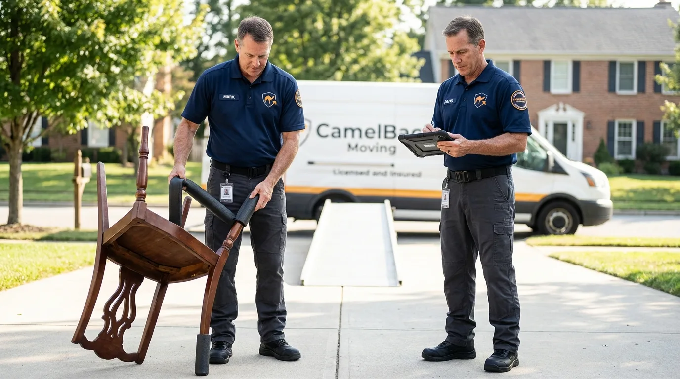 Movers inspecting furniture for damage prevention before loading in Mineral Point, WI