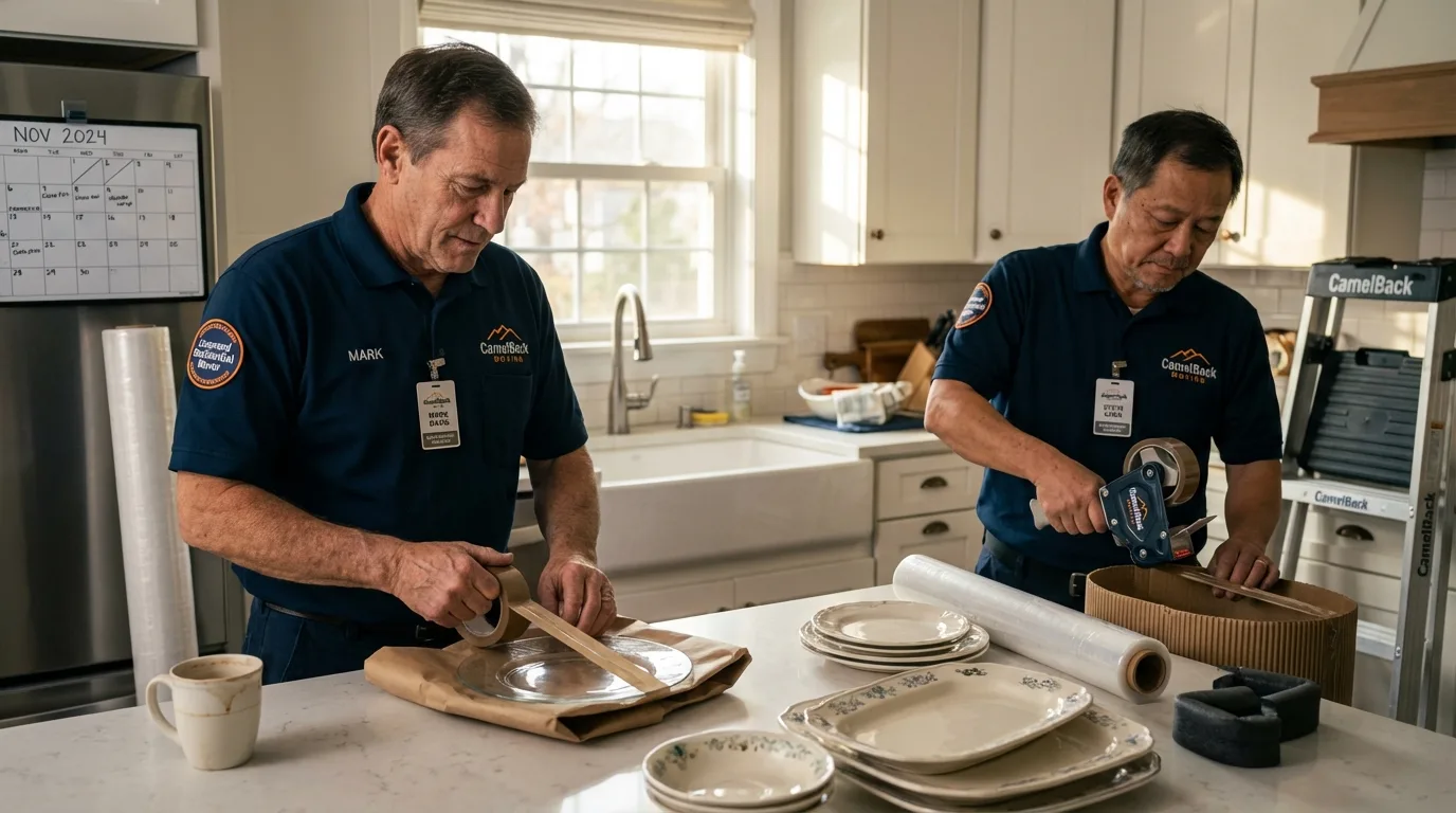 Professional crew packing kitchen dishware in Mineral Point, WI